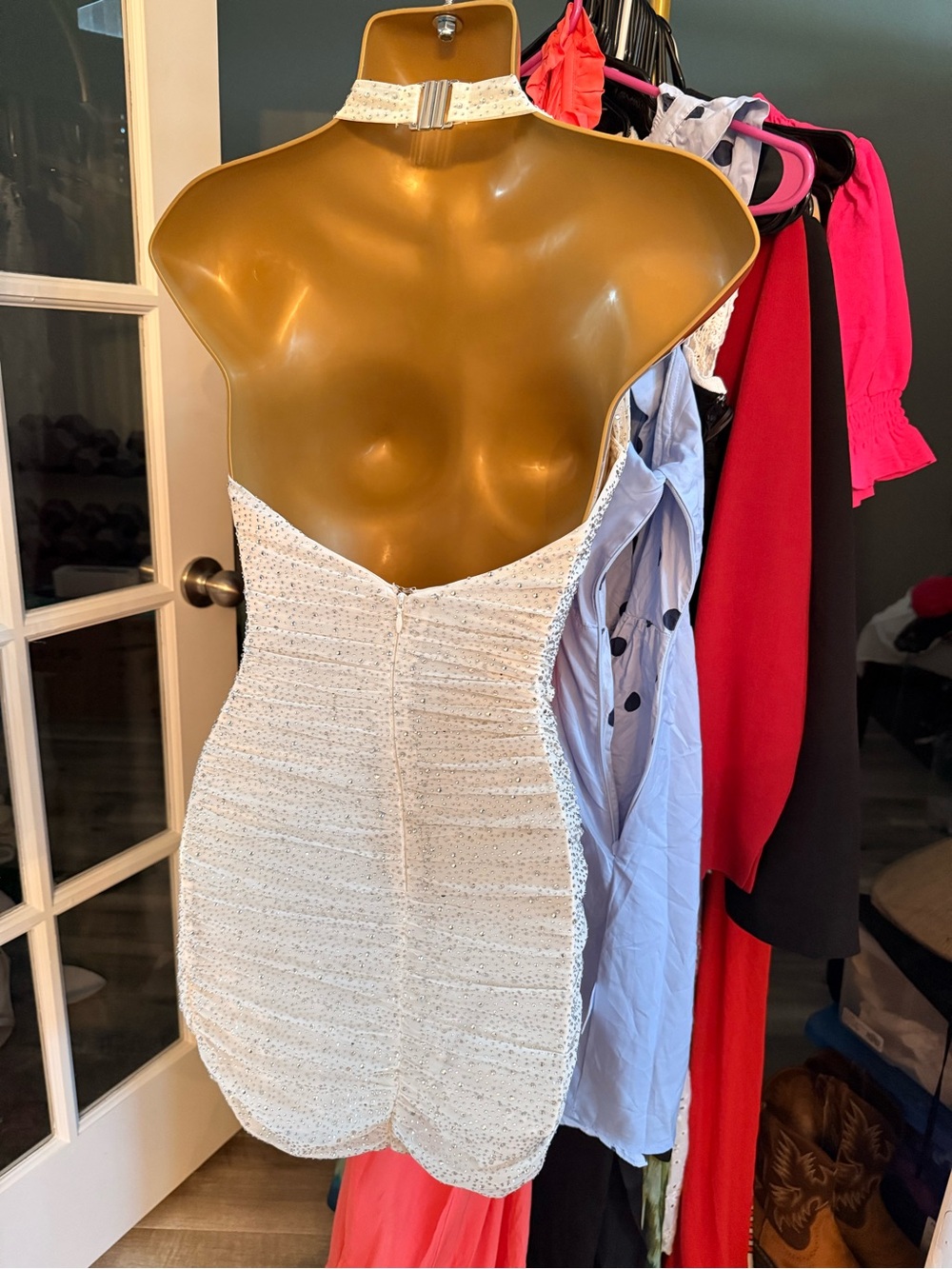 Oh Polly White Textured Haltered-Neck Crystals Mini Dress -2 - Picture 6 of 6